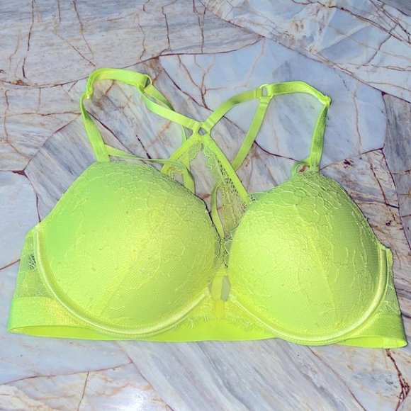 VS Lace Front-Close Plunge Racerback Push-Up Yellow Bra 34B